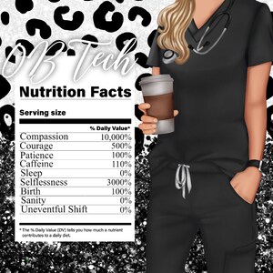 Op de afbeelding: Een zwart-witte afbeelding met een luipaardprint op de achtergrond. De afbeelding toont een voedingswaardetabel met de titel "OB Tech Nutrition Facts". De tabel somt verschillende items op zoals compassie, moed, geduld, cafeïne, slaap, onbaatzuchtigheid, geboorte, geestelijke gezondheid en een ongebeurlijke dienst, met overeenkomstige percentages voor elk item.