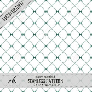Könnte beinhalten: Nahtloses Musterdesign mit einem sich wiederholenden Gitter aus türkisfarbenen Schleifen auf weißem Hintergrund. Die Worte "HAND DRAWN" sind diagonal über die Oberseite gedruckt. Der untere Teil des Bildes enthält den Text "SEAMLESS PATTERN" und "12 X 12".