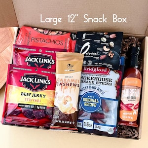 Sweet & Spicy Snack Box: Birthday Care Package for Him, Beef Jerky, Hot Sauce, Caramel Cashews