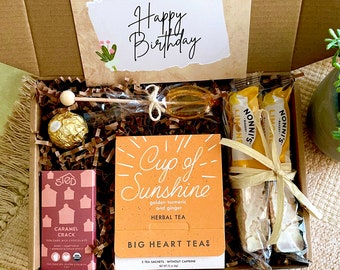 Birthday Tea Gift Box with Honey, Lemon Biscotti Cookies, Tasty Treats, Birthday Care Package for Friends with Personalized Card For Her