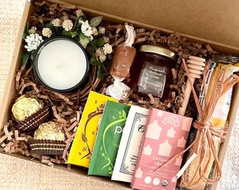 Gift Box Assorted Teas, Honey Biscotti, Candle, Perfect Gift For Friends, Moms Tasty Treats Care Package