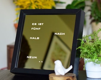 German Word clock - MIRROR Clock, white LED clock, black frame clock, desk or wall clock