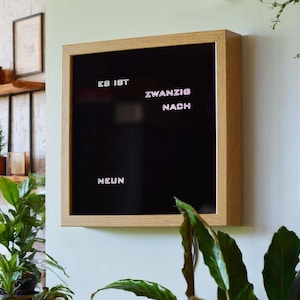 German Word clock -  white LED clock, brown frame clock, desk or wall clock, oak imitation