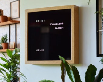 German Word clock -  white LED clock, brown frame clock, desk or wall clock, oak imitation