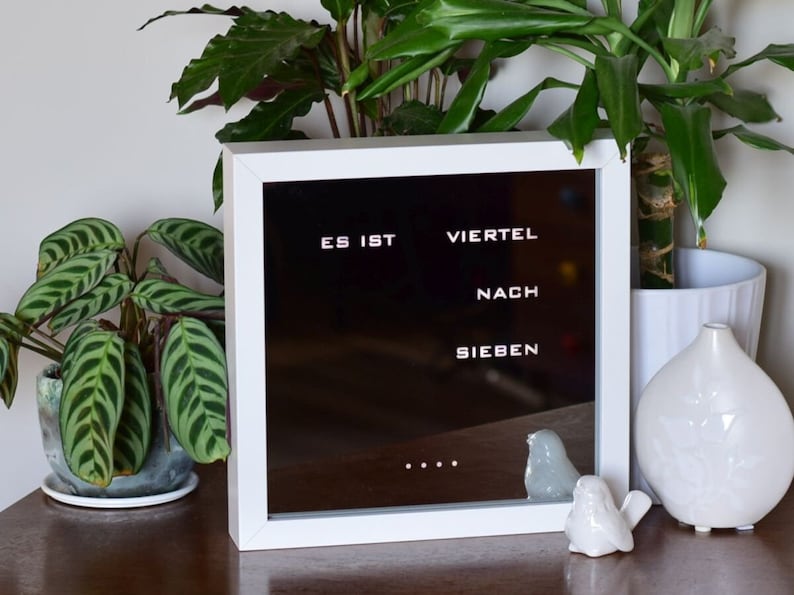 German Word clock Mirror Clock, white LED clock, white frame clock, desk or wall clock image 3