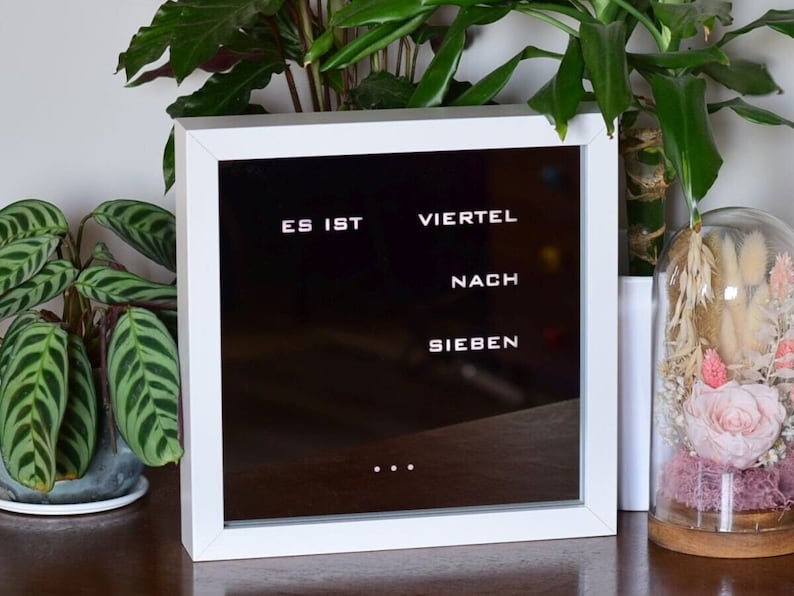 German Word clock Mirror Clock, white LED clock, white frame clock, desk or wall clock image 1