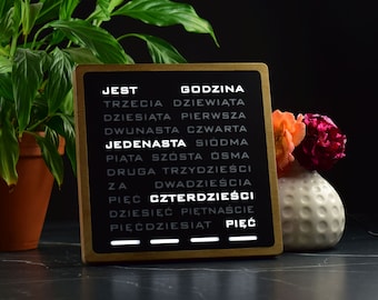Reloj de palabras polaco - Wordclock led blanco, polski zegarek, reloj iluminado, reloj electrónico de madera