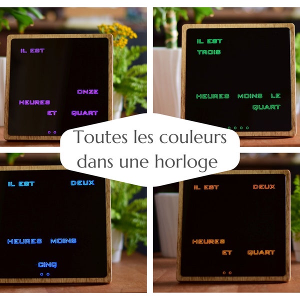 Franse Multicolor Word Clock - RGB led klok, houten elektronische klok, moderne houten klok, bureau clook