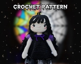 May include: Crochet pattern for a Wednesday Addams doll. The doll is wearing a black dress with a purple ribbon and black shoes. The doll has black hair and a white face with black eyes.