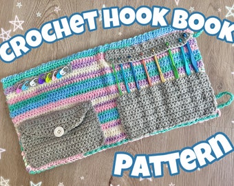 May include: Crochet hook book pattern with a gray crocheted pouch with a button closure, a striped crocheted pouch with multiple slots for hooks, and a row of stitch markers.