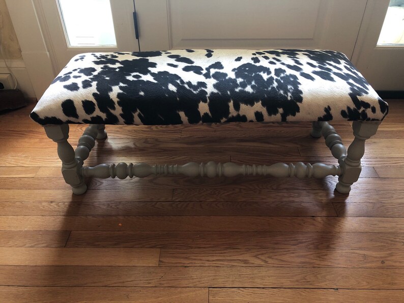 Upholstered Farmhouse Faux Cowhide Bench On Hand Turned Wood Etsy