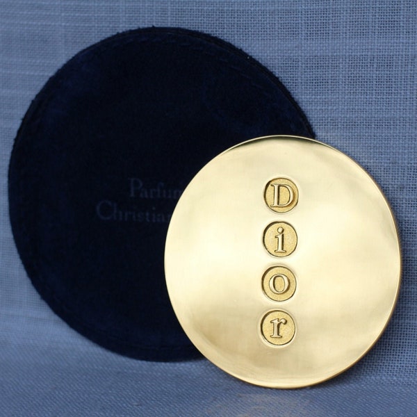 Dior Gold Logo Mirror with Velour Pouch, Vintage Christian Dior Parfums Vanity Mirror, Designer's Couture Gift for Her