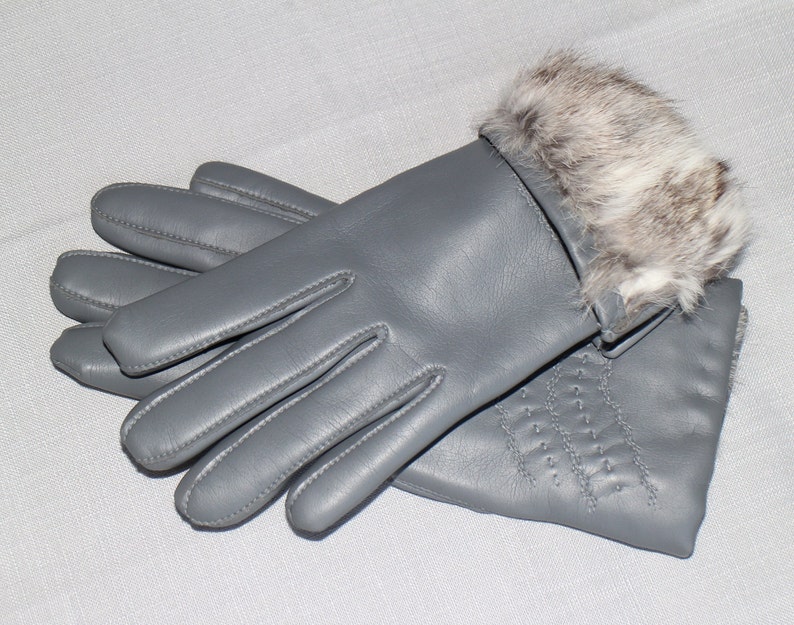 Winter Woman Gloves,Soft Gray Color Small Woman Gloves Fur Gloves Woman Vintage Gloves with Rabbit Fur Trim Leather Ladies Gloves