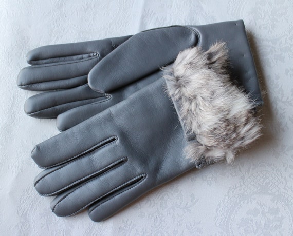 Vintage Gloves with Rabbit Fur Trim, Winter Woman