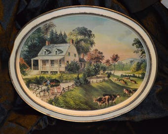 Metal Serving Tray with Currier and Ives Print