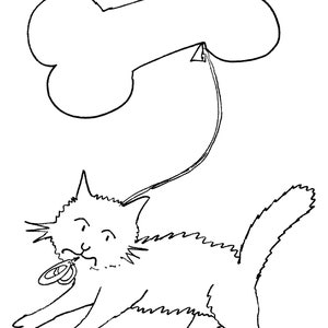 May include: A whimsical black and white illustration of a cat with a bone-shaped balloon. The cat is holding a ring in its mouth and appears to be walking. The bone balloon is attached by a string.