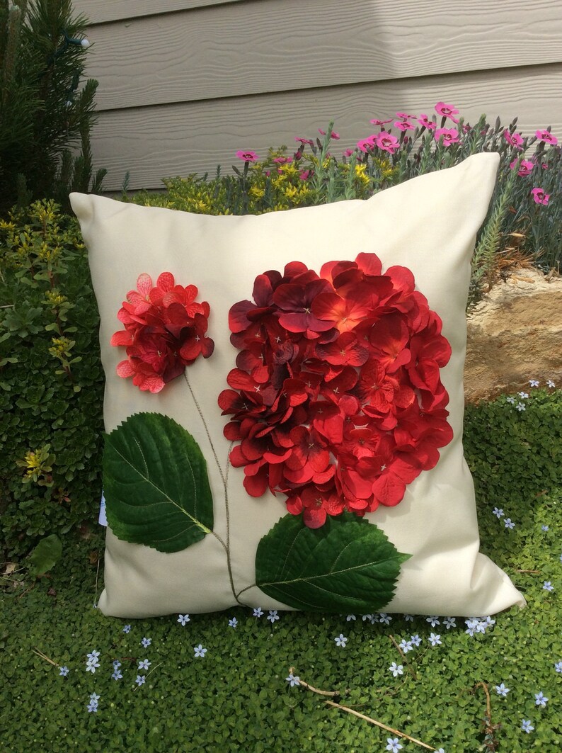 Red Outdoor Pillow Cover Hydrangea Flower Pillow All Weather Etsy