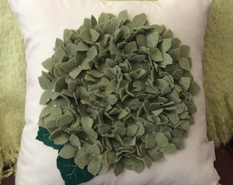 Green Hydrangea Pillow Cover: 3D Floral Felt Applique Throw
