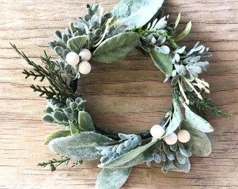 Evergreen Candle Ring, Candle Ring with White Berries, Country Farmhouse Candle  Accents, White Themed Candle Wreath, Candle Floral Decor