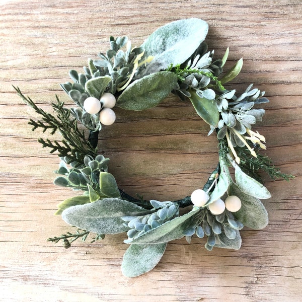 Evergreen Candle Ring, Candle Ring with White Berries, Country Farmhouse Candle  Accents, White Themed Candle Wreath, Candle Floral Decor