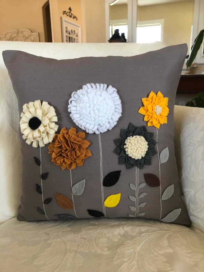Floral Felt Appliques Pillow, 3D Pillow Cover, 3D Floral Appliqué