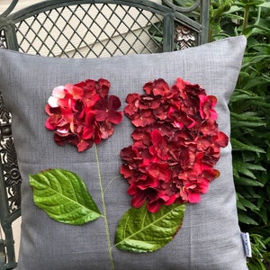 Red Hydrangea Pillow Cover: 3D Floral Applique, Water Resistant Outdoor Decor
