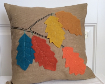 Fall Leaves Pillow Cover, Applique Toss Pillow, Thanksgiving Decor, HGTV Feature Pillow, Fall Colors Cushion, Sham