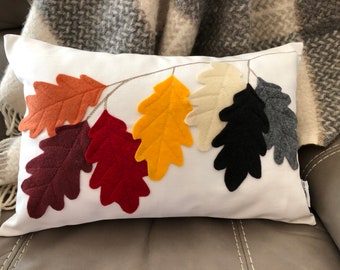 Funda de almohada de hojas de otoño, tiro de acento de otoño, cojín cómodo de acción de gracias, aplique de hojas de color de otoño, hojas de otoño en la rama de un árbol