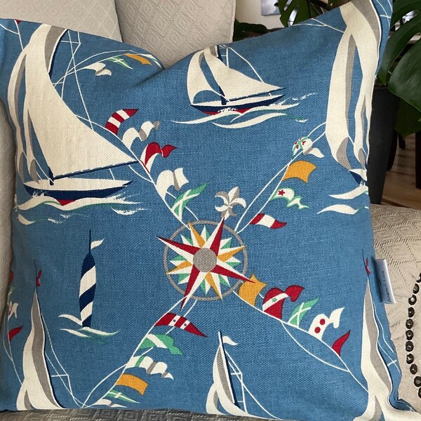 Blue Sail Boat Pillow Cover, Maritime Sun Shade Throw Pillow, Sailboat Club Regatta Decorative Cushion, Nursery Room Decor, Baby Boy Shower