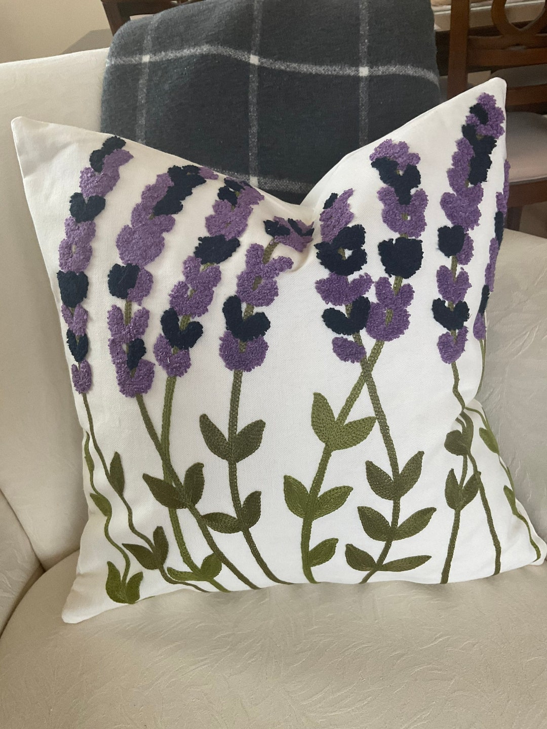 Embroidered Lavender Pillow Cover, Blue Floral Pillow, Blue Flower