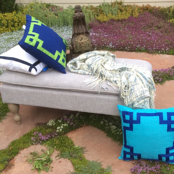 Outdoor Pillow Cover, Greek Key Pillow, Grosgrain Ribbon in Greek Key, Outdoor Decor, Sun Shade Pillow, All Weather Pillow