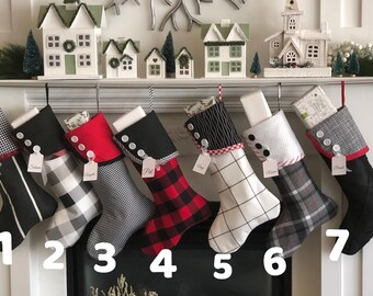 Plaid Christmas Stockings, Red White Gray Christmas Stockings, Checkered Christmas Socks, Personalized Christmas Stockings, Modern Stockings