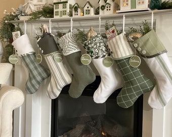 Neutral Christmas Stockings, Personalized Christmas Stockings, Green Farmhouse Christmas Socks, Large Holiday Stockings