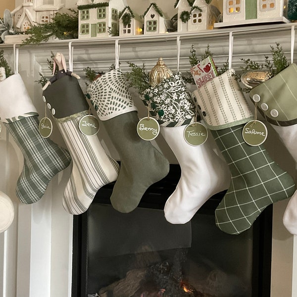 Neutral Christmas Stockings, Personalized Christmas Stockings, Green Farmhouse Christmas Socks, Large Holiday Stockings