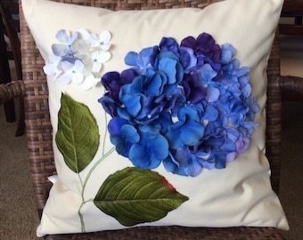 Blue Hydrangea Pillow Cover, Outdoor Flower Throw Cover, 3D Floral Applique, Outdoor Wedding Decor, Water  Resistant  Sham -