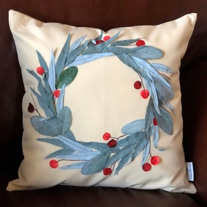 Outdoor Christmas Pillow Cover, Water Resistant Wreath Cushion, All Weather Holiday Sham, Porch Accent Decor, Patio Throw Pillow