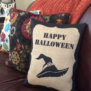 Happy Halloween Pillow, Halloween Decor, Witch Hat, Fall Decor, Halloween Accent Pillow, STUFFED Burlap Halloween Pillow
