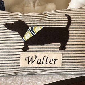 Personalized Dog Pillow Cover, Dachshund Dog Pillow Cover, Pet Lover Cushion, Animal Appliqué  Throw, French Ticking Sham Cover- 12x18
