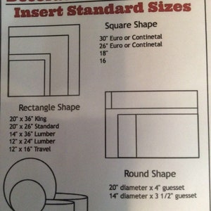 May include: A chart showing standard sizes for decorative pillow forms. The chart includes square, rectangle, round, and bolster shapes with measurements in inches.
