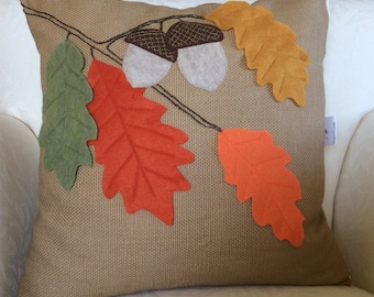 Fall Leaves Pillow Cover: Burlap Acorn Applique, Thanksgiving Decor
