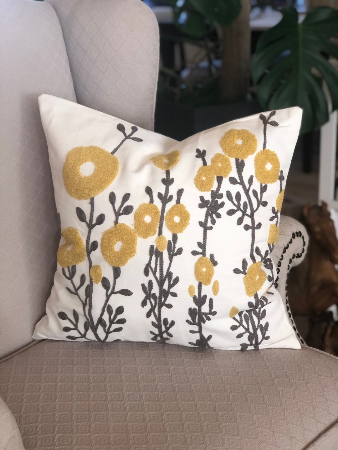 Spring Flower Pillow Cover Yellow Floral Cushion Embroidered Etsy