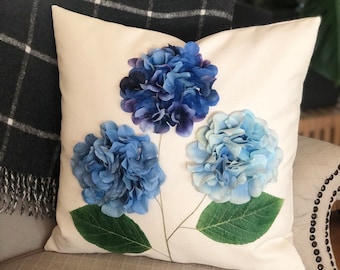 Blue Hydrangea Outdoor Pillow Cover: Water Resistant Floral Decor , All Season flower pillow