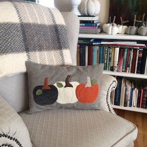 May include: A grey cushion featuring appliqued pumpkins in black, white, and orange. The cushion rests on a light grey armchair, with a plaid blanket draped over it. A bookshelf filled with books is visible in the background.