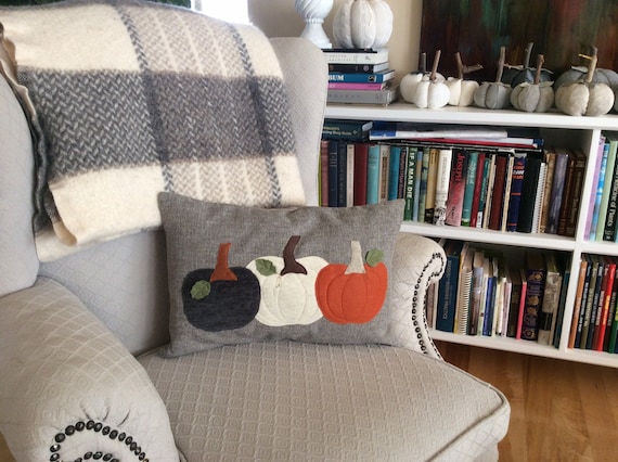 Pumpkin Pillow: Felt Applique Lumbar Throw, Fall Decor (12x18)