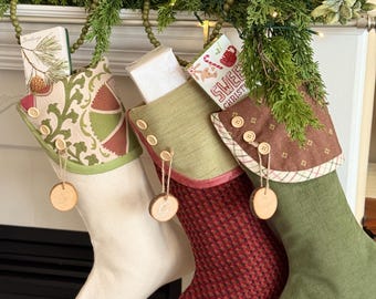 Personalized Christmas Stockings: Red Burgundy Green Farmhouse Decor with Buttons