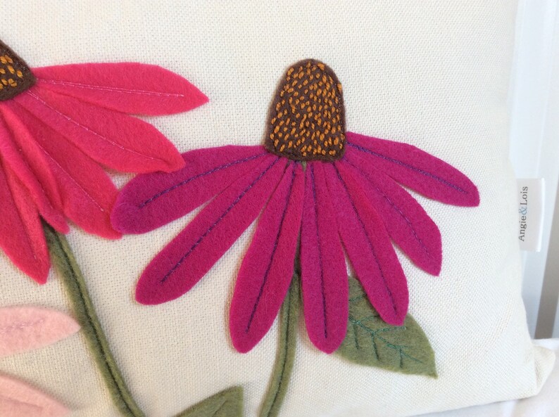 Cone Flower Pillow Cover, Hot Pink Floral Applique, Summer Flower Felt Patch Cushion image 3