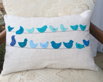 Blue Bird Pillow Cover, Nursery Room Decor, Teal Pillow, Farmhouse Pillow, Felt Bird Applique Pillow, Accent Pillow, Bird Home Decor