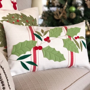 Christmas Holly Pillow Cover, Christmas Flower Cushion, Christmas Decorative Pillow, French Country Christmas Pillow, Farmhouse Pillow Decor