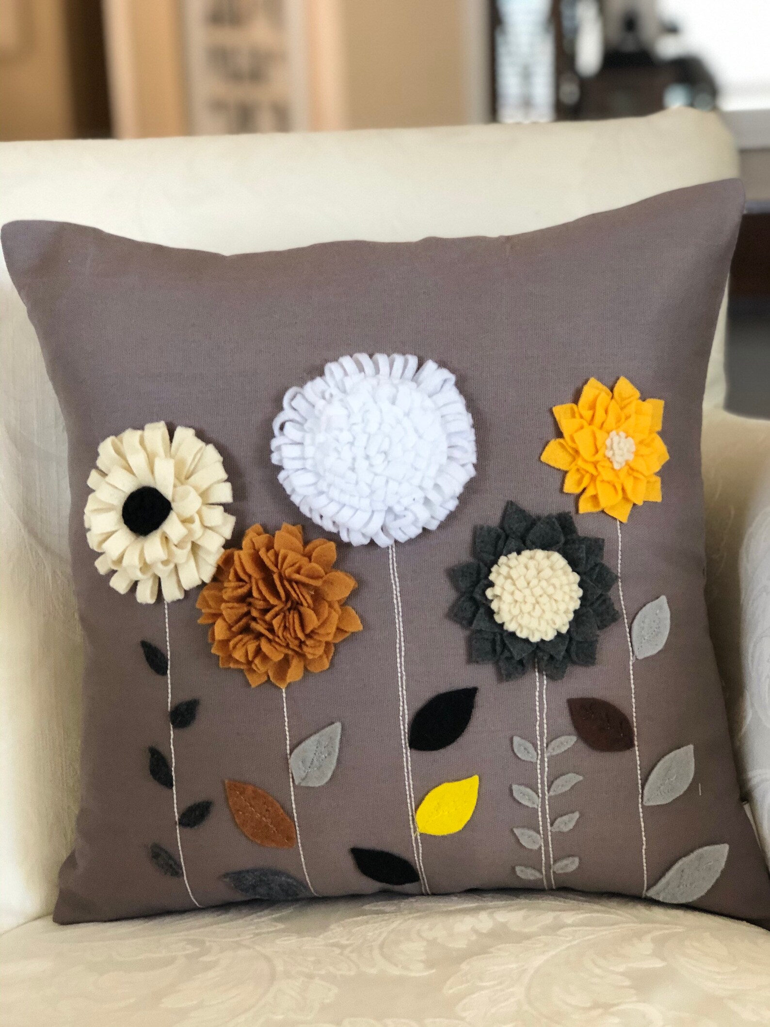 Floral Felt Appliques Pillow 3D Pillow Cover 3D Floral Etsy