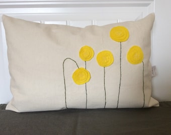 Yellow Spring Blossom Pillow, 3D Felt Applique Throw, Minimalist Floral Decor-- available in different colors,Flower Pillow